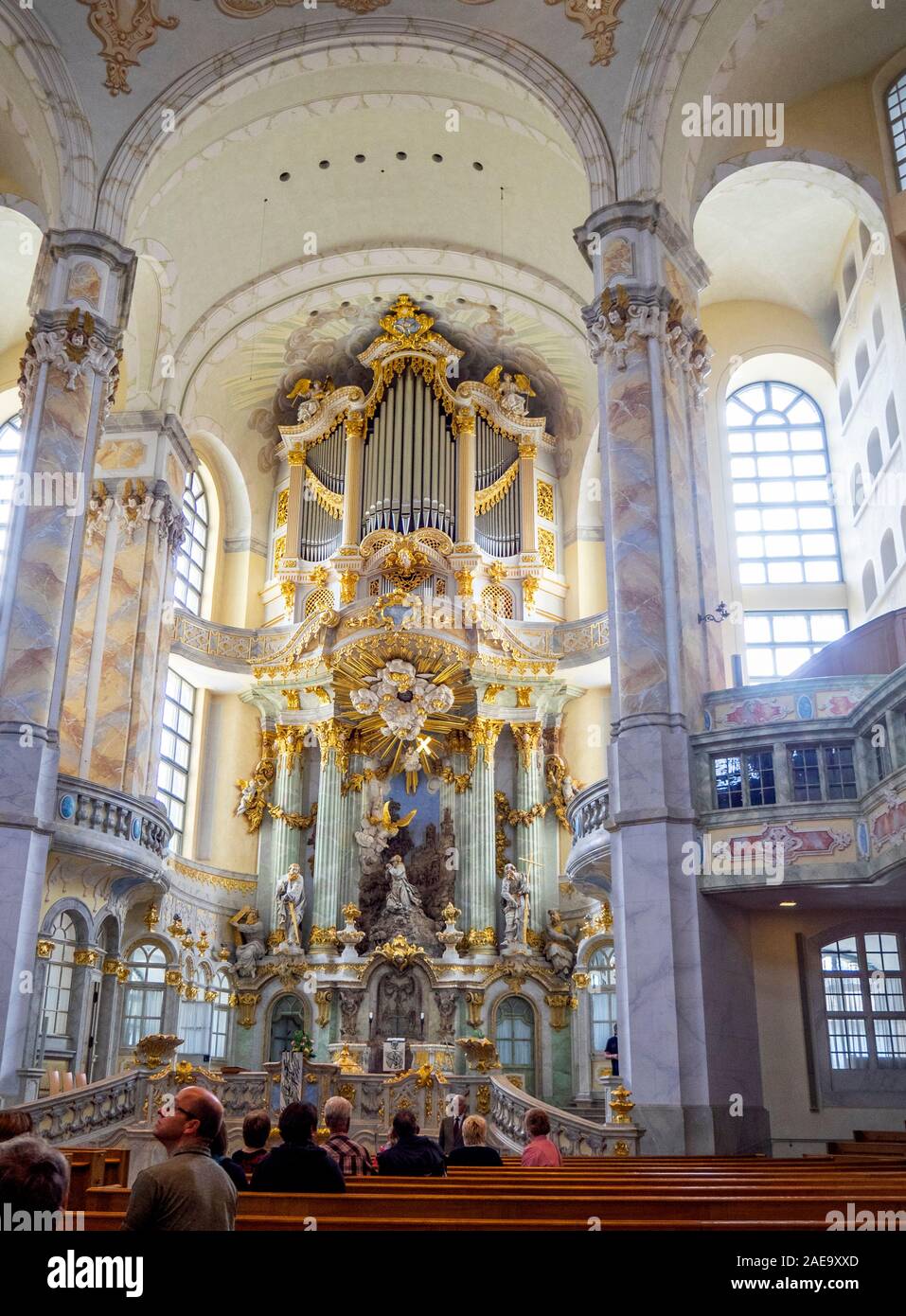Alter and church organ pipes interior Frauenkirche Church of Our Lady Platz Neumarkt Newmarket Altstadt Dresden Saxony Germany. Stock Photo