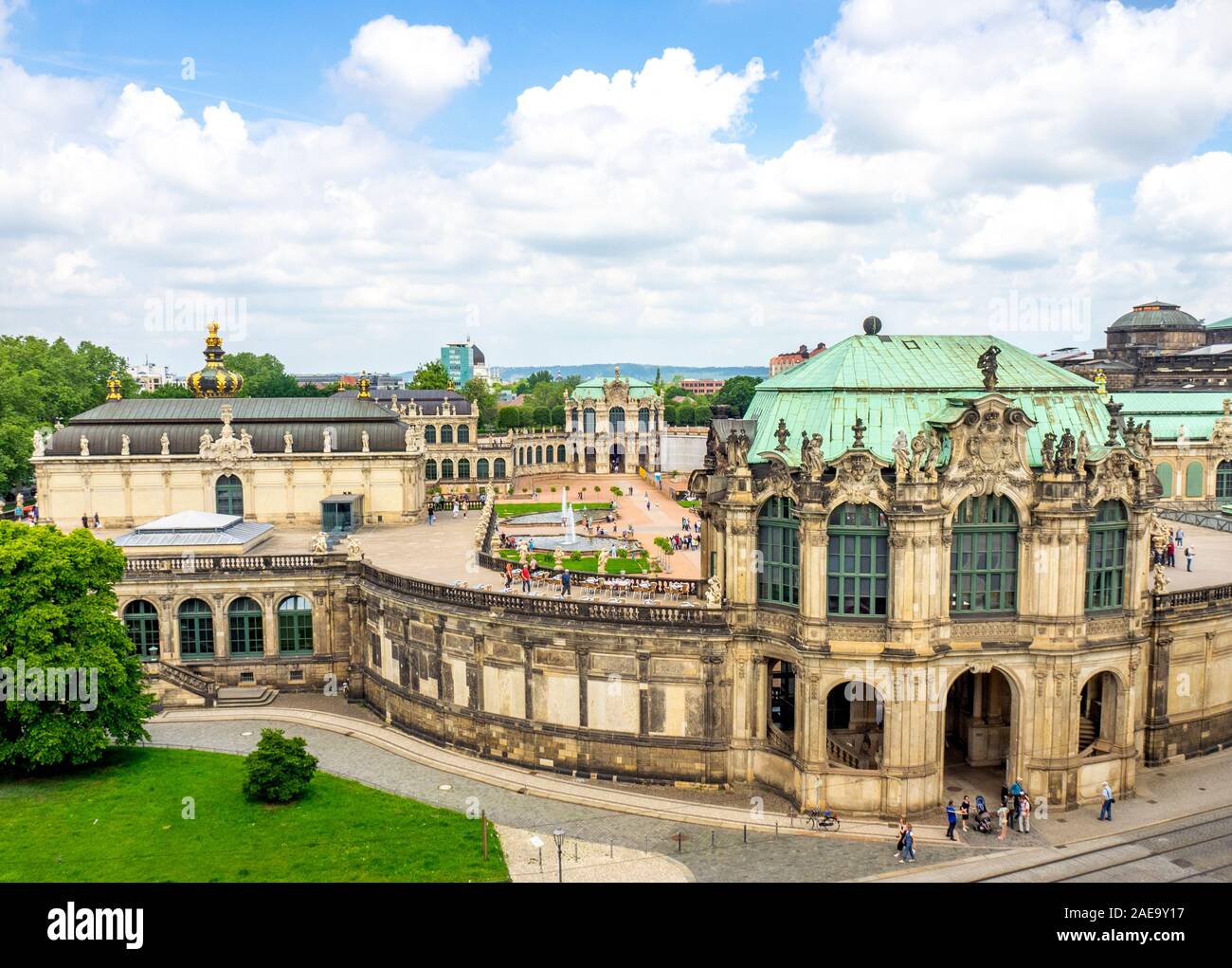 Tourists on the rooftop Baroque Glockenspiel Dresdner Zwinger Dresden Saxony Germany. Stock Photo
