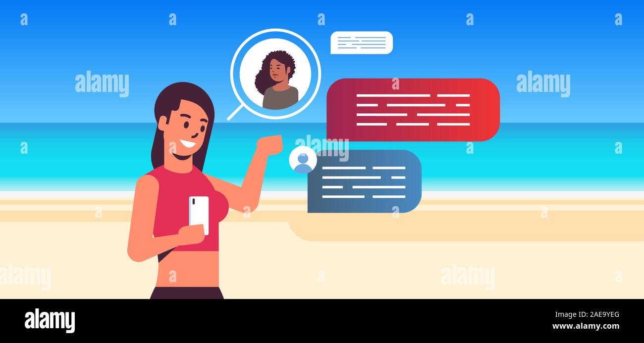 girl in bikini using smartphone social network chat bubble