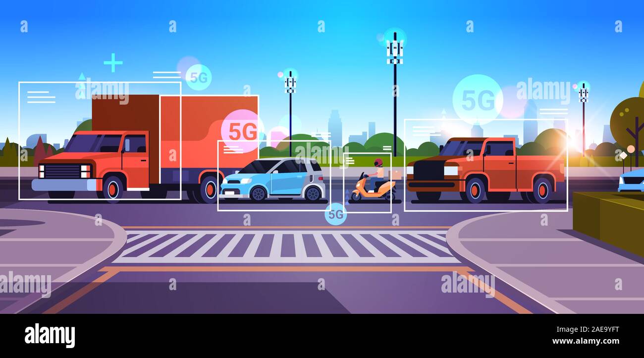cars driving road wireless communication network of vehicles 5g base station  receiver information transmitter traffic monitoring system concept global  high speed internet flat horizontal vector illustration Stock Vector Image  & Art -
