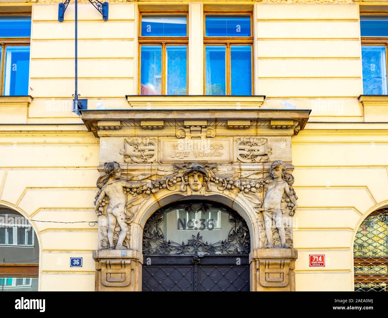 Entrance to Josef rytíř Wohanka's house No. 714 / I in Dlouhá třída 36 Old Town Prague Czech Republic. Stock Photo