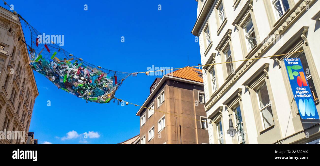 Frutti di Mare - seafood or a net full of plastic bottles public installation plastic pollution by Vladimír Turner artist Prague Czech Republic. Stock Photo