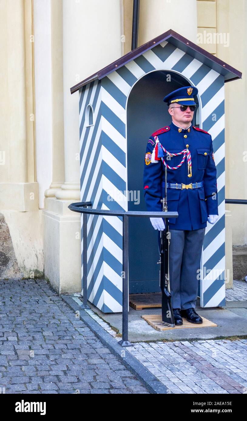 Prague Castle Guard in front of sentry box at Imperial Stables entrance to Prague Castle complex Prague Czech Republic. Stock Photo