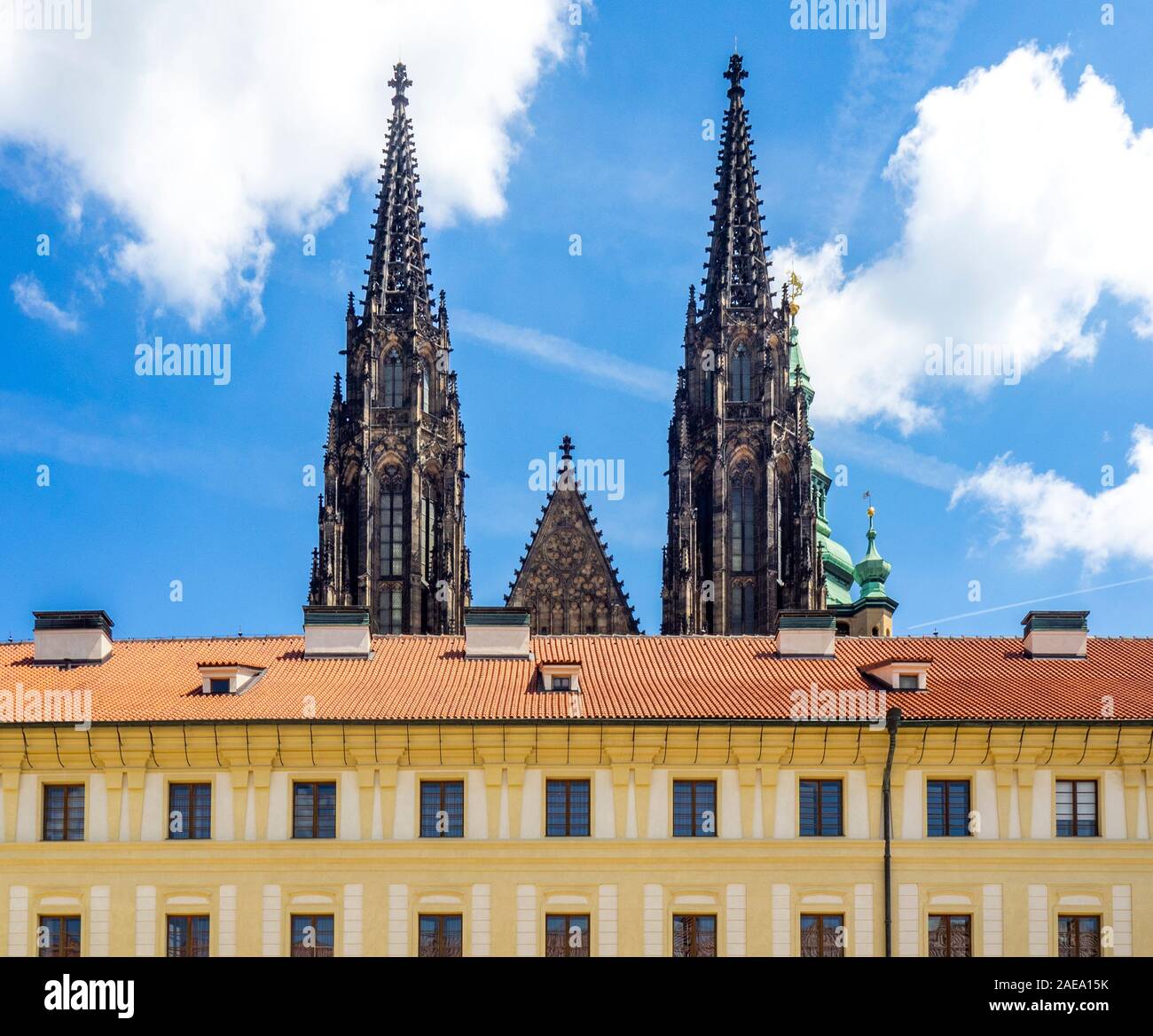 Prague Castle Complex Administration Palace Building and steeples of St Vitus Cathedral Prague Czech Republic. Stock Photo
