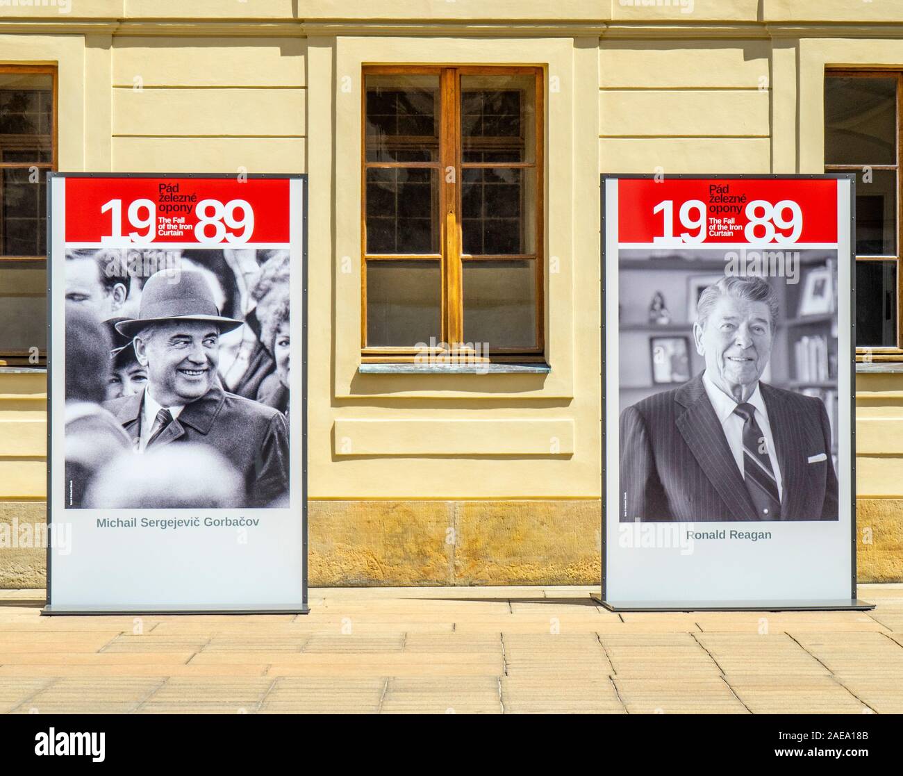 First Courtyard posters of world leaders involved in 1989 fall of the Iron Curtain exhibition at Prague Castle Complex Prague Czech Republic. Stock Photo