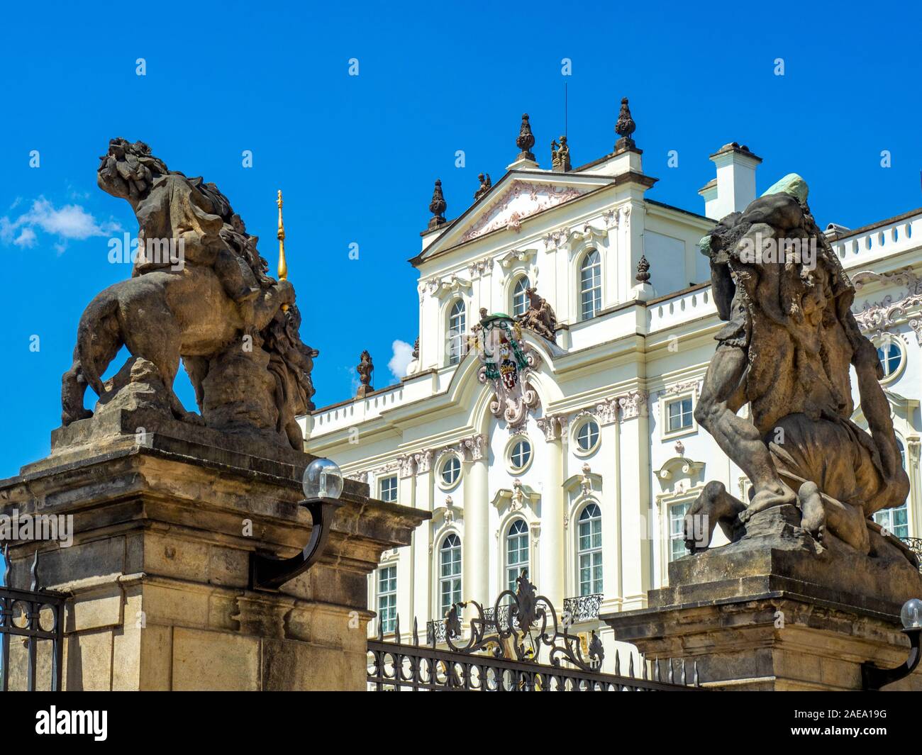 Archbishop Palace and the Wrestling Titans or Giants' Gate entrance to the First Courtyard of the Prague Castle Complex  Prague Czech Republic. Stock Photo