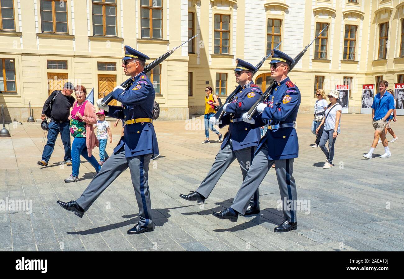 Prague Castle Guards marching during the changing of the guards ceremony at the Giants' Gate First Courtyard Prague Castle Prague Czech Republic. Stock Photo