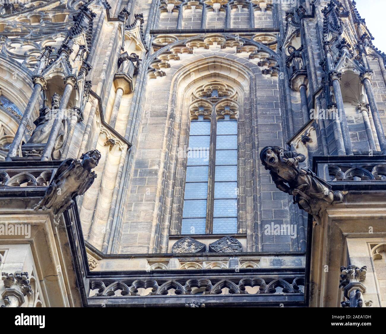 Detail of sandstone gargoyles of Gothic St Vitus Cathedral Prague Castle complex Prague Czech Republic. Stock Photo