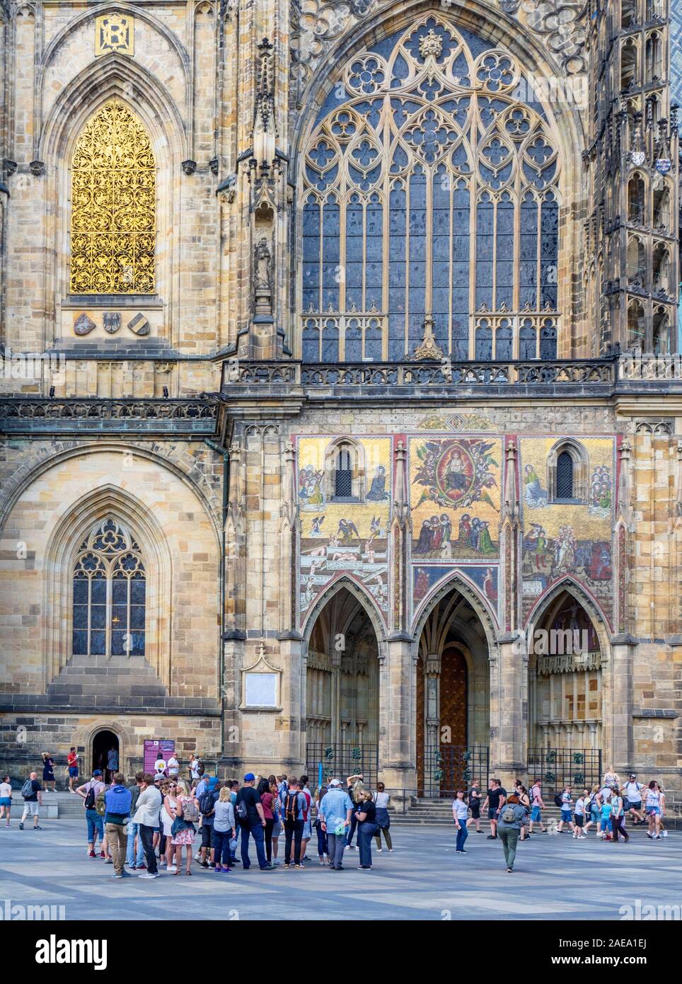 Triptych Mosaic of the Last Judgement above 3 arched portal of Gothic St Vitus Cathedral Prague Castle Complex Prague Czech Republic. Stock Photo