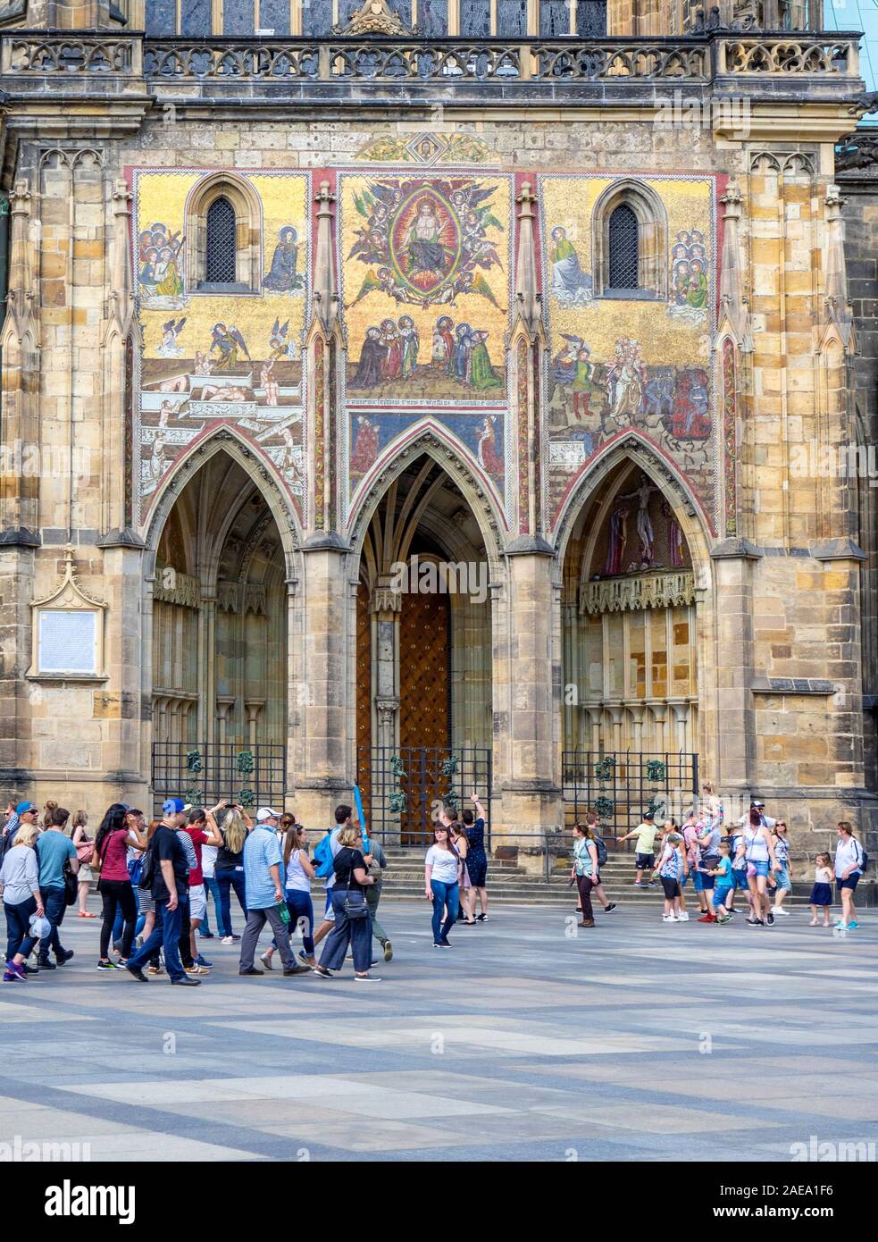Triptych Mosaic of the Last Judgement above 3 arched portal of Gothic St Vitus Cathedral Prague Castle Complex Prague Czech Republic. Stock Photo