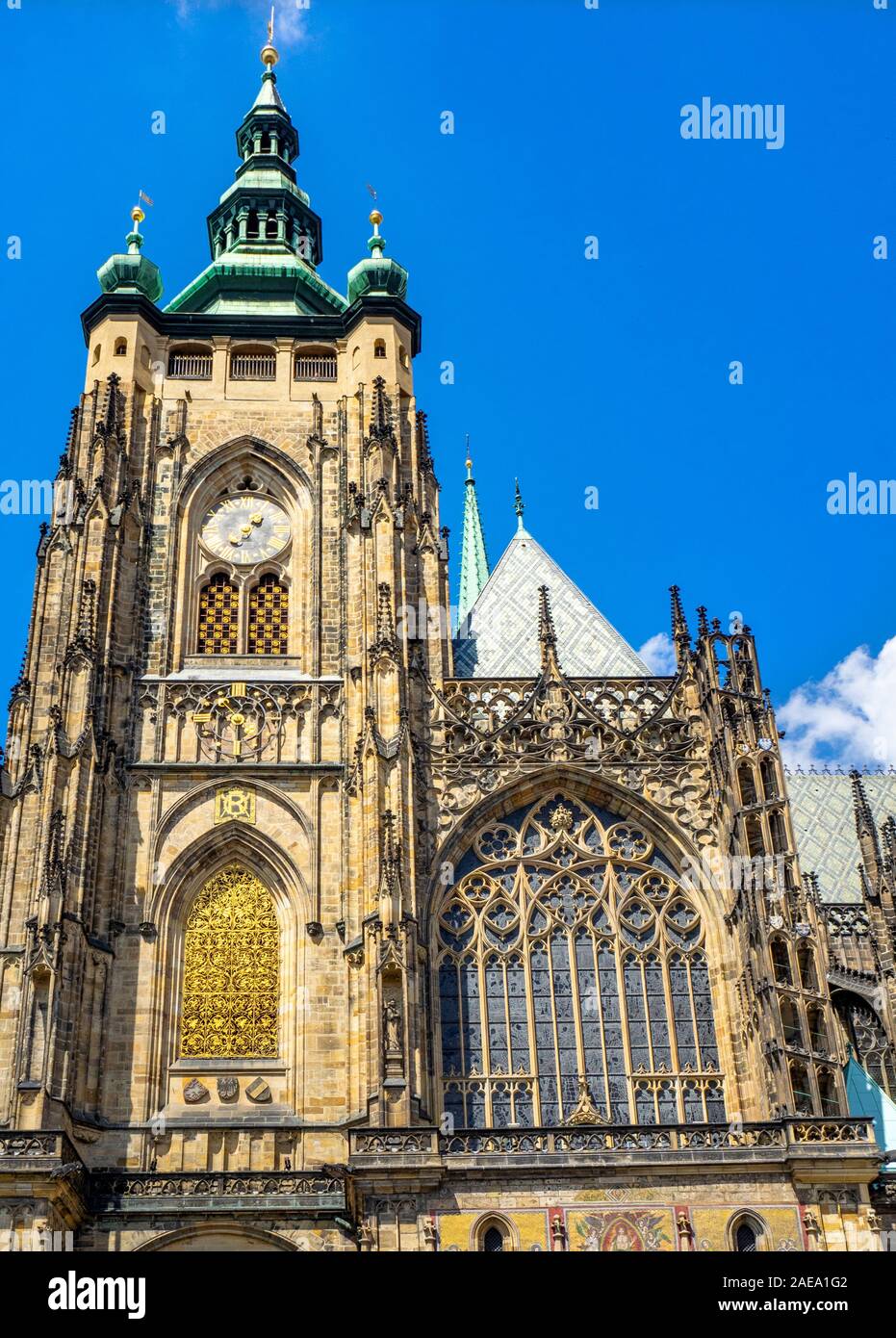 Great South Tower of Gothic St Vitus Cathedral Prague Castle Complex Prague Czech Republic. Stock Photo