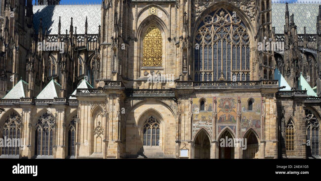 Triptych Mosaic of the Last Judgement above 3 arched portal of Gothic St Vitus Cathedral Prague Castle Complex Prague Czech Republic. Stock Photo