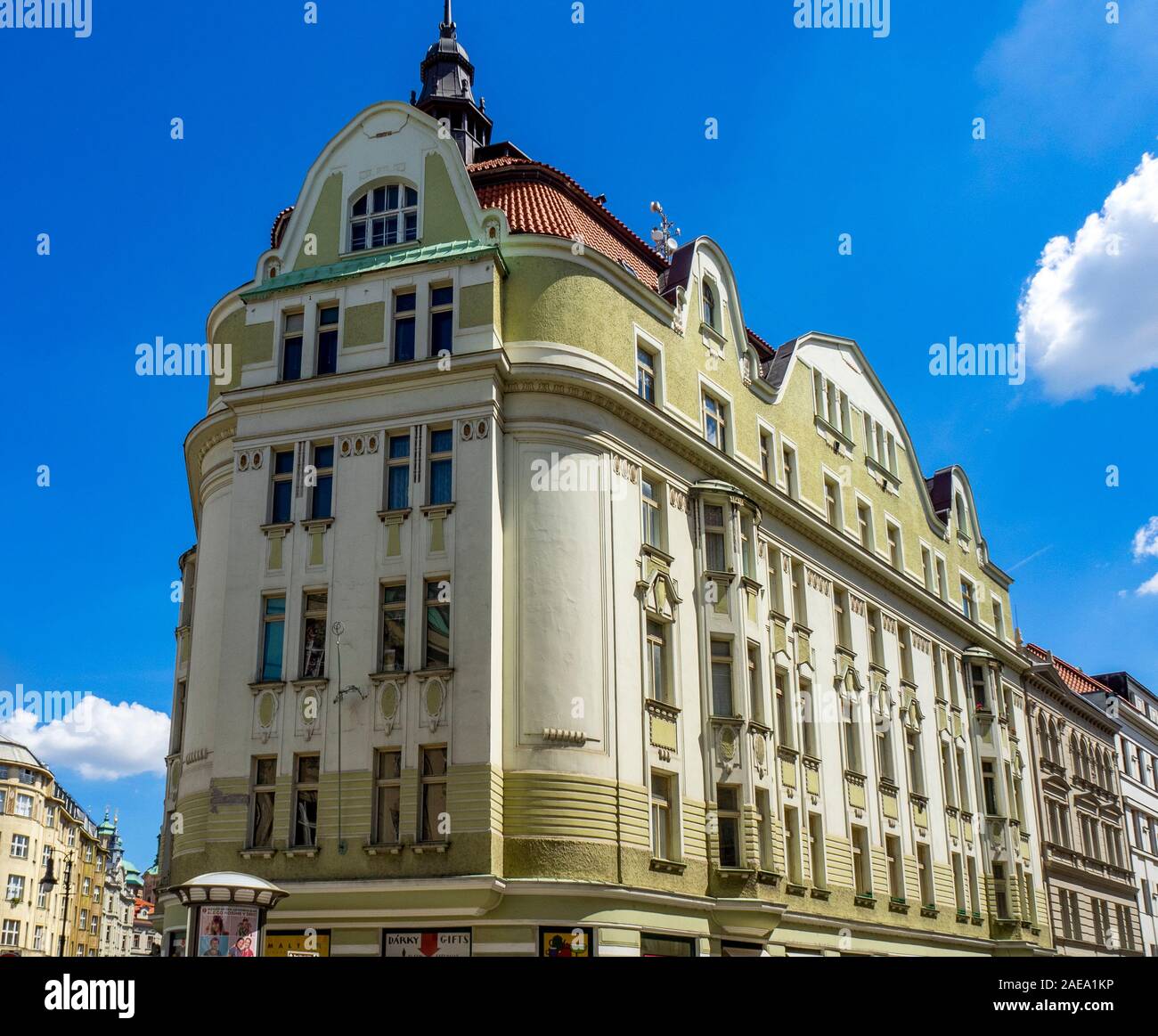 Colourful facades of traditional buildings on Valentinská and Kaprova Streets Old Town Prague Czech Republic. Stock Photo