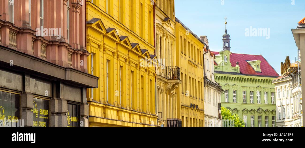 Colourful facades of traditional buildings on Perlová Street Old Town Prague Czech Republic. Stock Photo