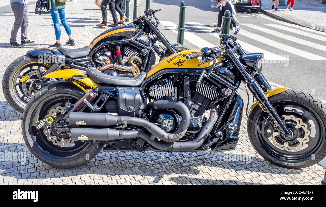 Harley Davidson VRSC night rod special motorcycles in Prague Czech Republic. Stock Photo
