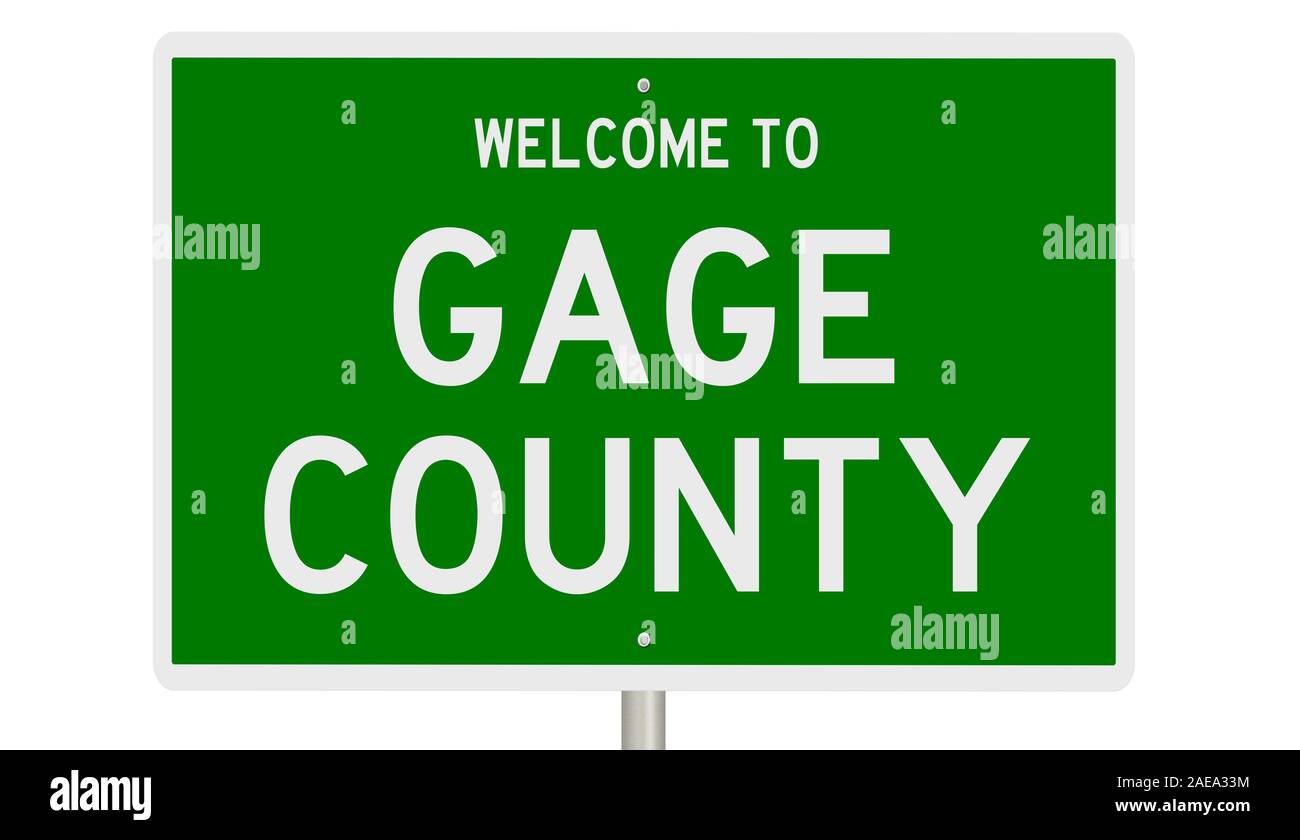 Rendering of a 3d green highway sign for Gage County in Nebraska Stock
