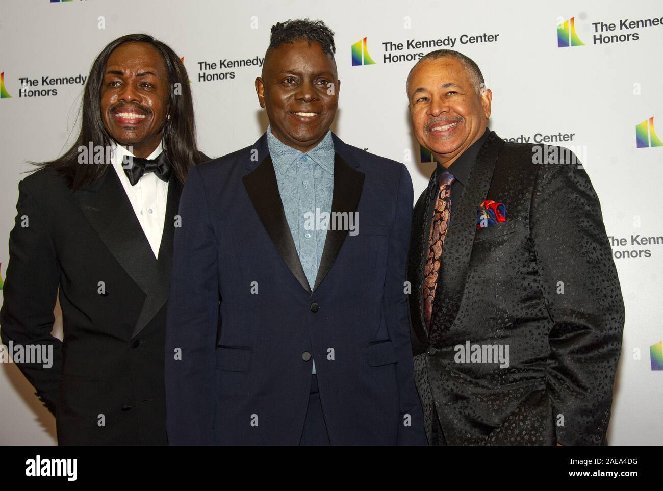 Washington, USA. 07th Dec, 2019. The band Earth, Wind & Fire, from left to right, bassist Verdine White, singer Philip Bailey, and percussionist Ralph Johnson arrive for the formal Artist's Dinner honoring the recipients of the 42nd Annual Kennedy Center Honors at the USA Department of State in Washington, DC on Saturday, December 7, 2019. The 2019 honorees are: Earth, Wind & Fire, Sally Field, Linda Ronstadt, Sesame Street, and Michael Tilson Thomas.Credit: Ron Sachs/Pool via CNP Credit: UPI/Alamy Live News Stock Photo