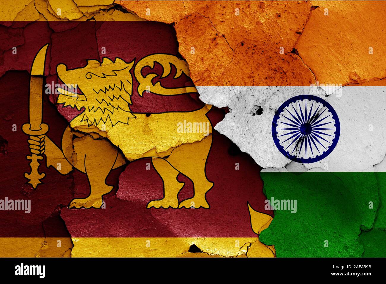 flags of Sri Lanka and India painted on cracked wall Stock Photo