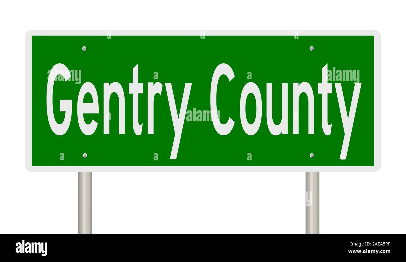 Rendering of a 3d green highway sign for Gentry County in Missouri Stock Photo