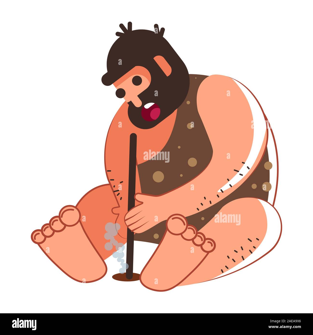 Caveman in animal skin starting fire with wooden stick Stock Vector