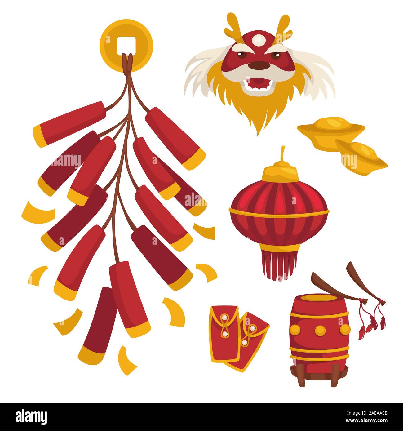 Chinese New Year celebration traditional symbols in red and yellow Stock Vector