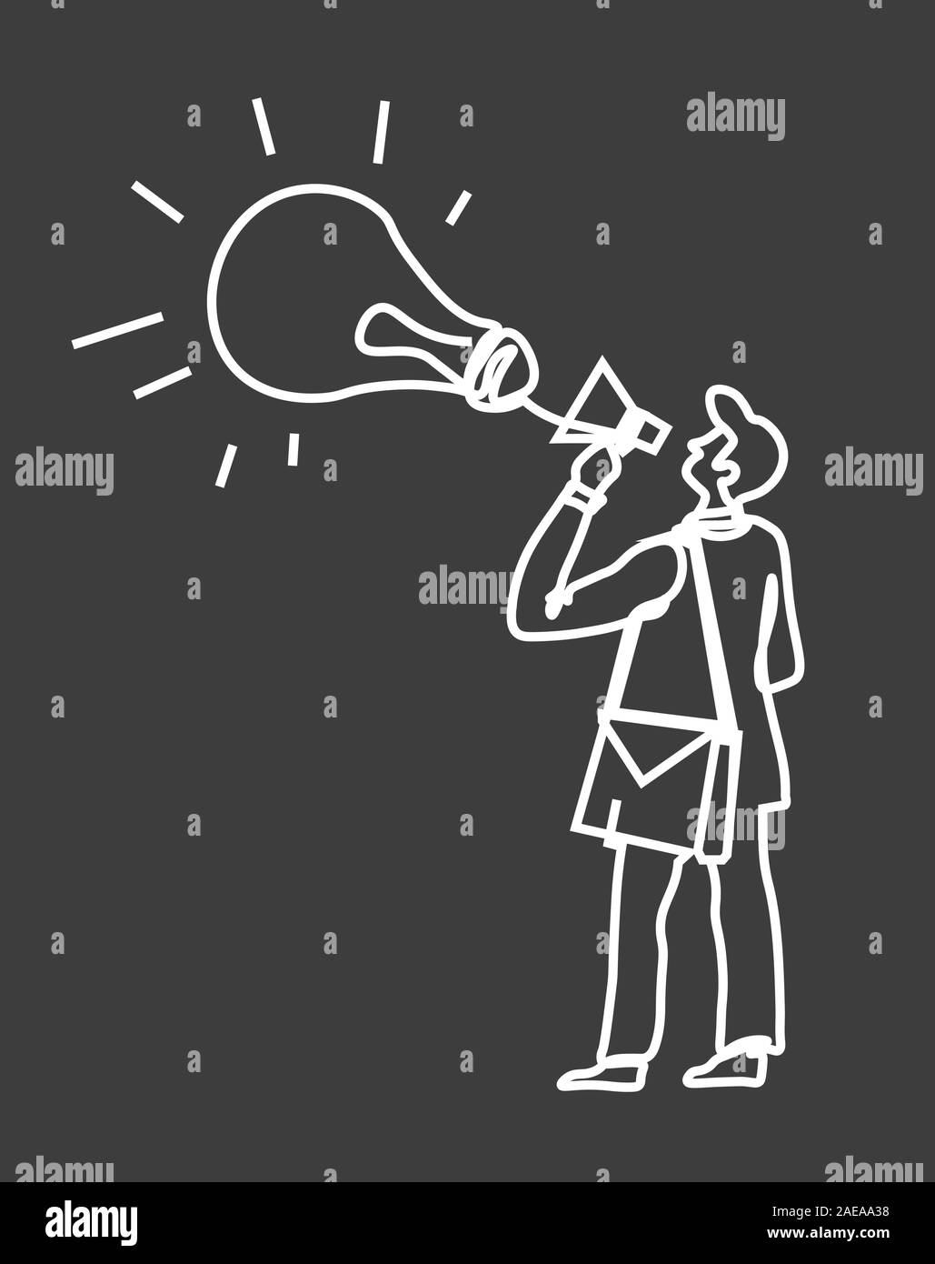 Man in suit with loudspeaker and lightbulb icon doodle sketch Stock Vector