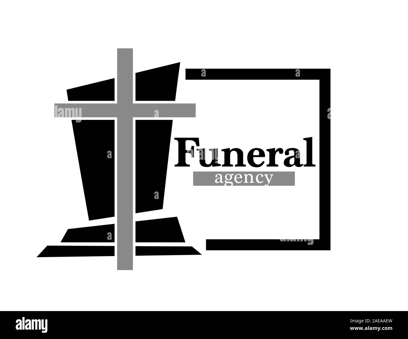 Funeral agency logo with headstone and cross in black frame Stock Vector