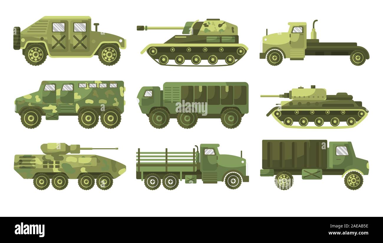 Tanks and armoured trucks camouflage vehicles collection side view Stock Vector