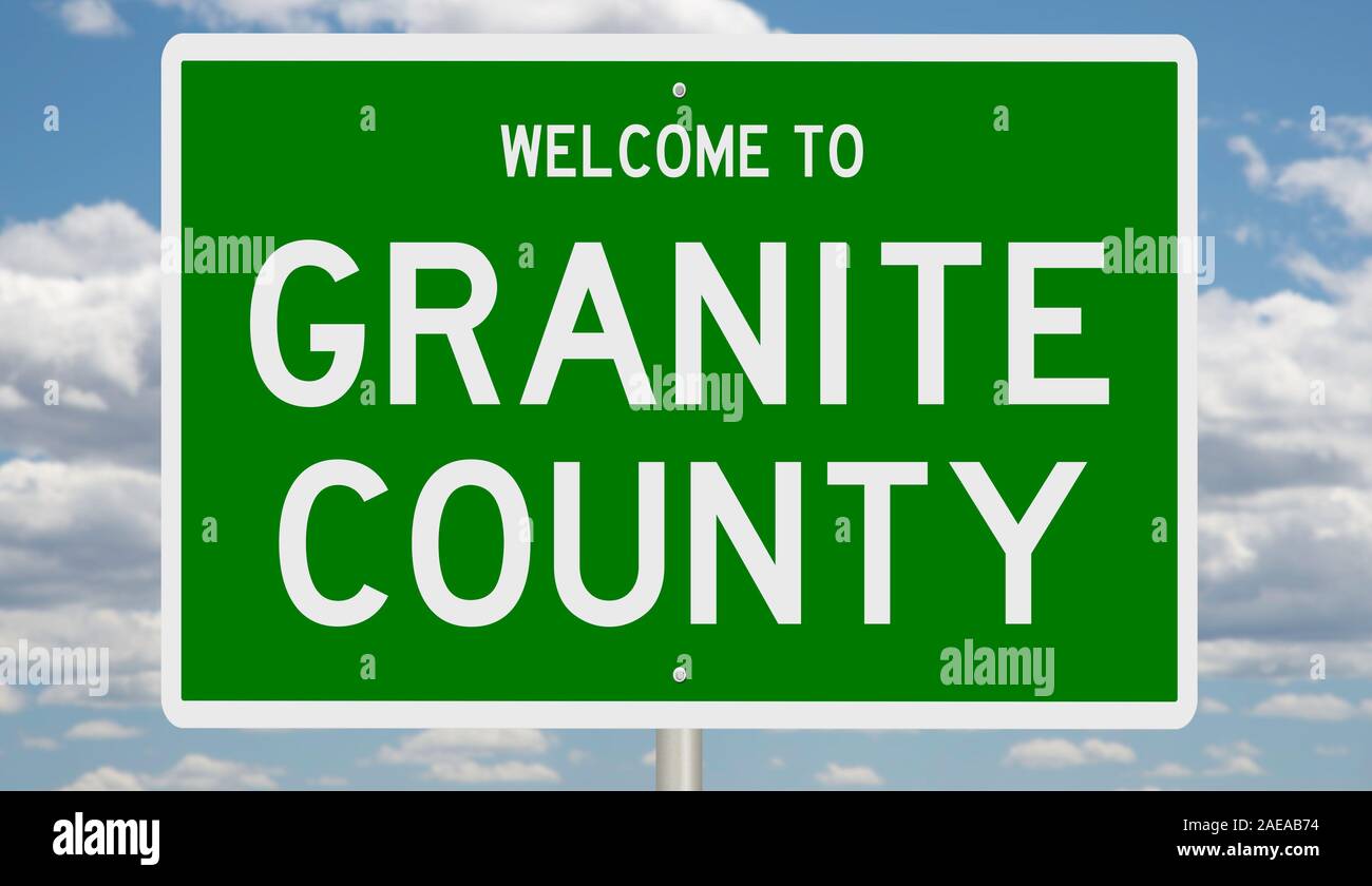 Rendering of a 3d green highway sign for Granite County Stock Photo