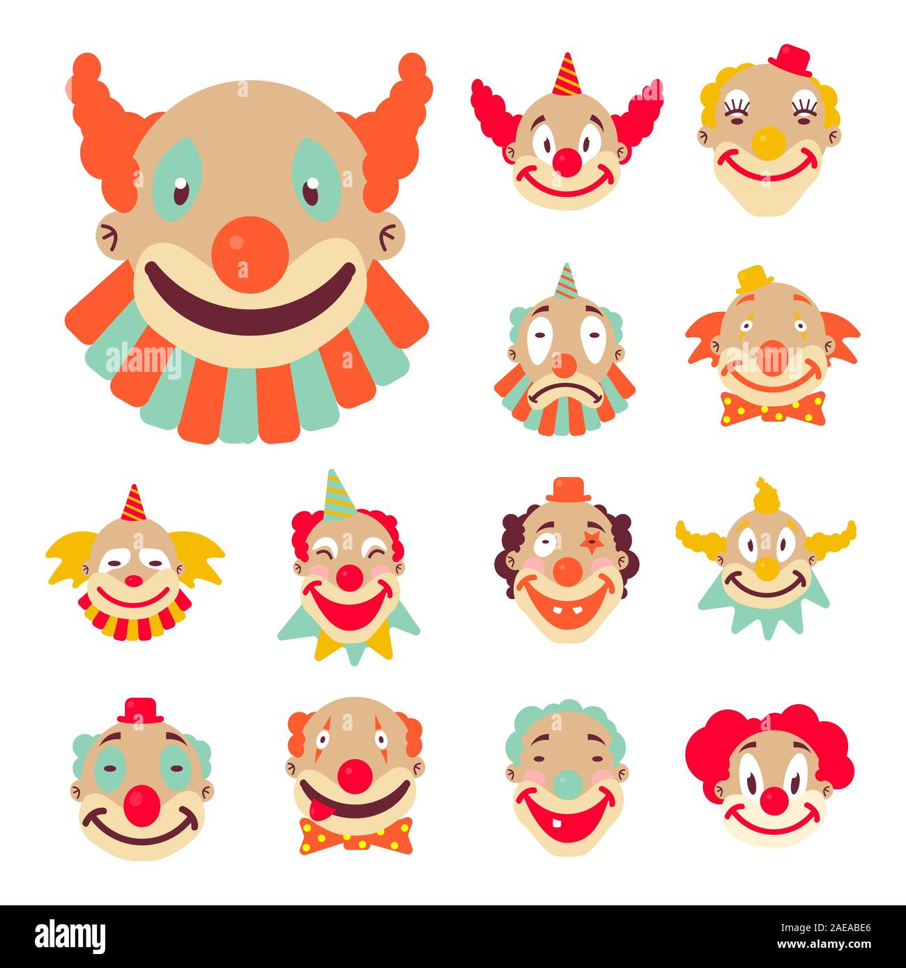 Clown faces with colourful wigs and accessories icons Stock Vector