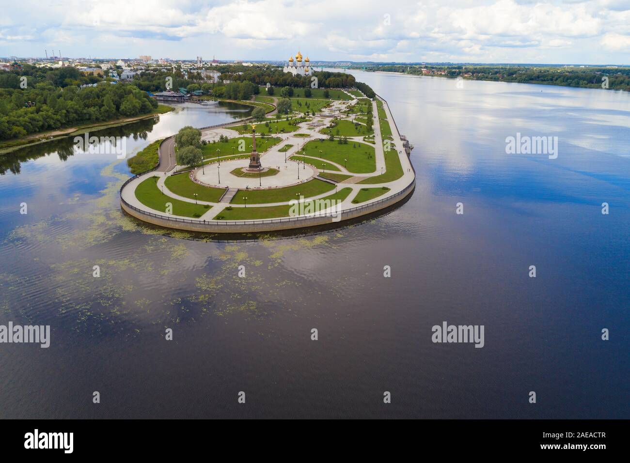 Arrow of the Volga and Kotorosl rivers on a July morning (aerial photography). Yaroslavl, Golden ring of Russia Stock Photo