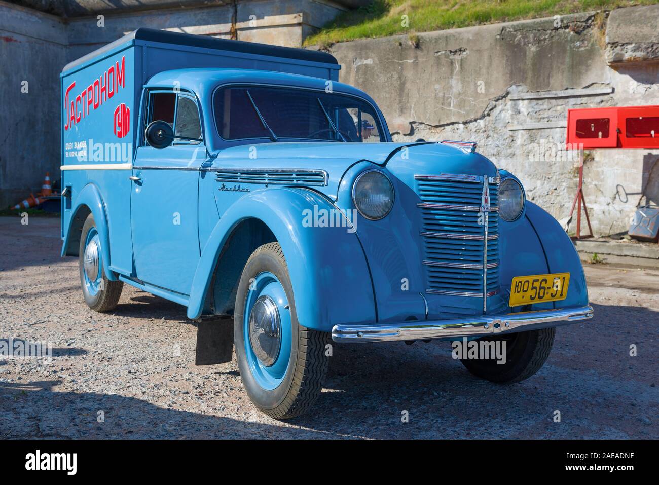 KRONSTADT, RUSSIA - SEPTEMBER 14, 2019: Soviet retro car Moskvich-401 with body pickup close-up. Retro transport exhibition 'Fortuna-2019' Stock Photo