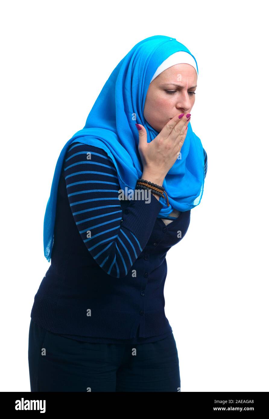 Sick Arabian Muslim Woman Isolated on Seamless White background Stock Photo