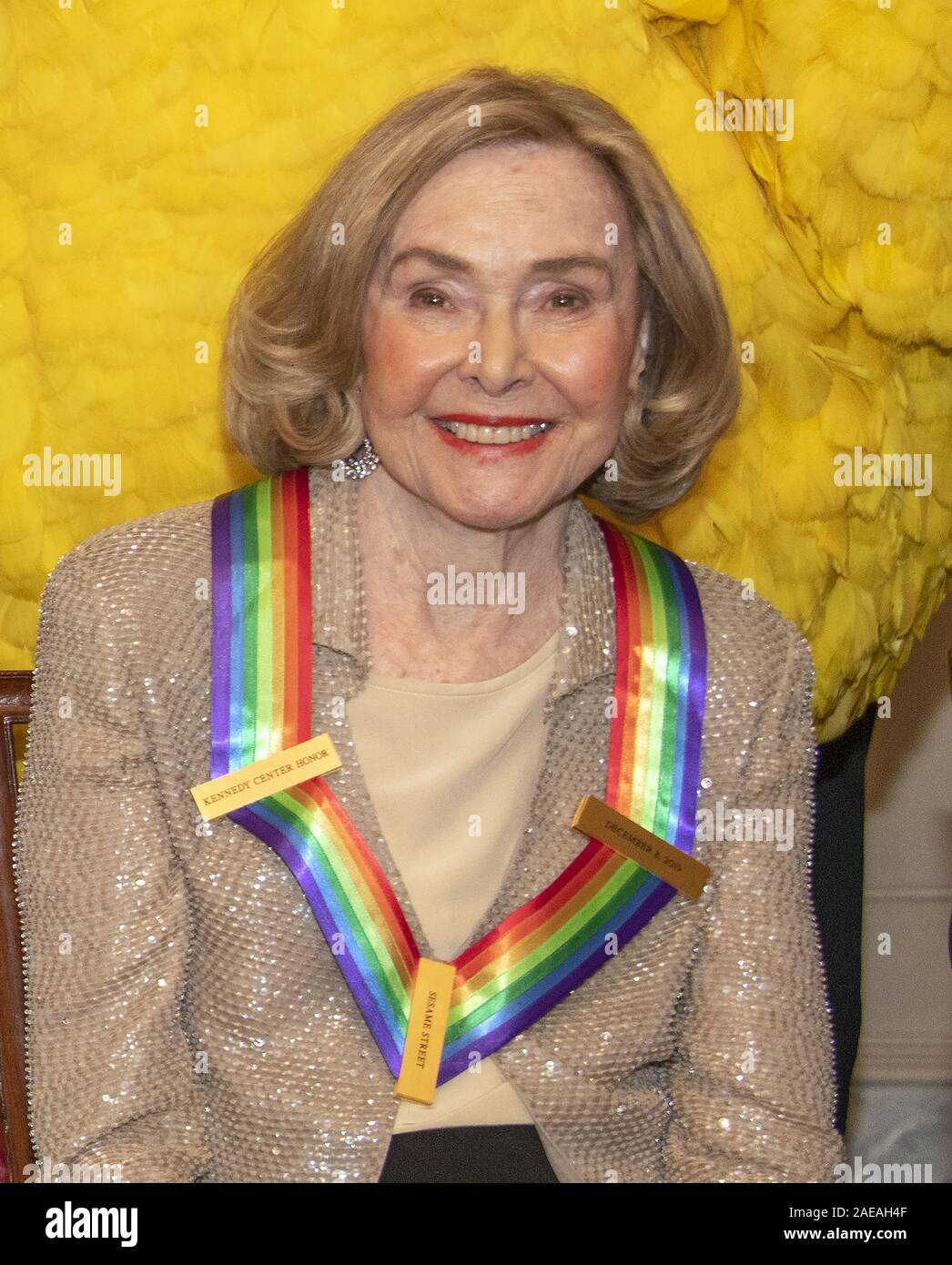 Washington DC, USA. 07th Dec, 2019. Sesame Street co-founder Joan Ganz Cooney, one of the recipients of the 42nd Annual Kennedy Center Honors poses as part of a group photo following a dinner at the United States Department of State in Washington, D.C. on Saturday, December 7, 2019. Credit: ZUMA Press, Inc./Alamy Live News Stock Photo