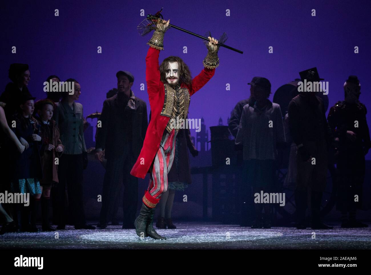 Dancer Bruno Micchiardi, as the Ringmaster, from Scottish Ballet performs on stage during a dress rehearsal of The Snow Queen at Festival Theatre, Edinburgh. Inspired by Hans Christian Andersen's fairy tale, the ballet is set to the music of Rimsky-Korsakov performed by the Scottish Ballet Orchestra and runs until December 29, 2019. Stock Photo