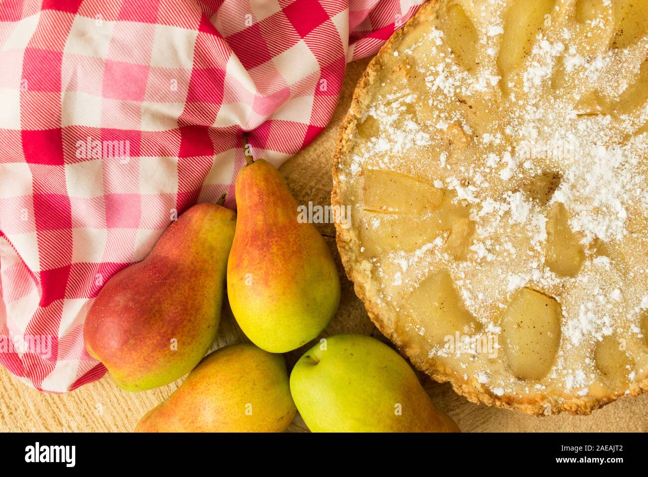 Pear cake. Autumn pear cake. Close-up. Flat lei. Stock Photo