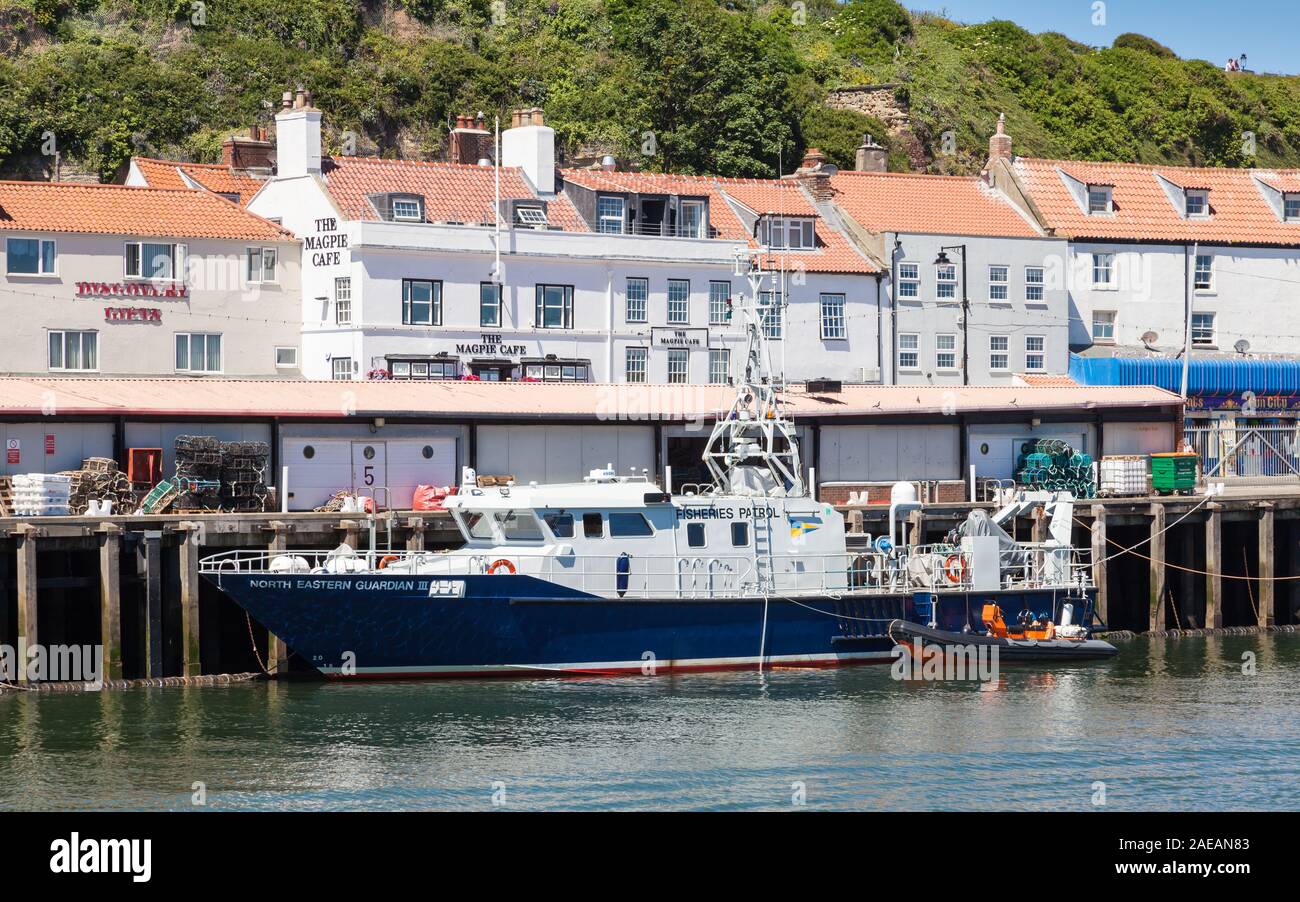 Fisheries Patrol Boat, North Eastern Guardian III, is pictured moored in the seaside town of Whitby in Yorkshire, Northern England. Stock Photo