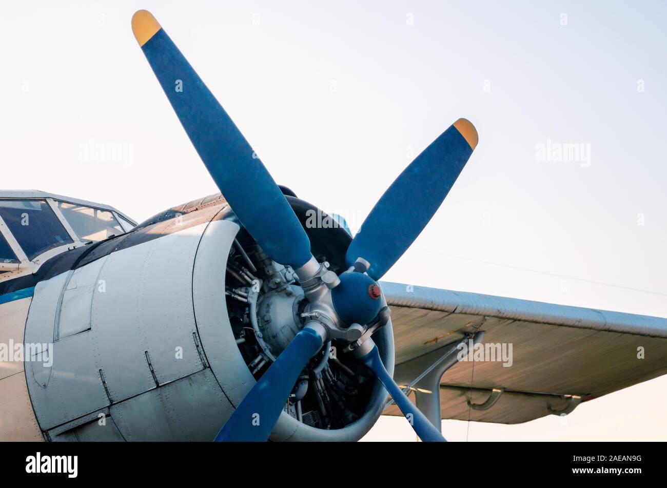 pilot cabin propeller and wing of an old vintage airplane isolated on ...