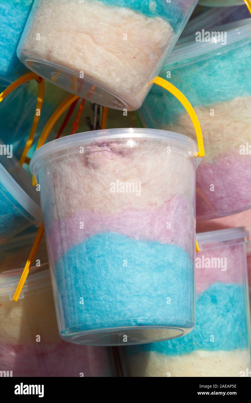 Colorful Cotton candy in buckets, candy stand Stock Photo Alamy