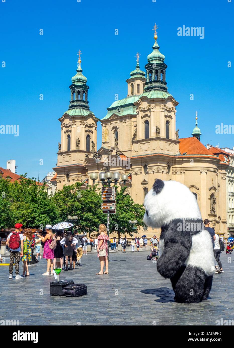 Man in panda costume busking in Old Town Square and St Nicholas church Prague Czech Stock Photo