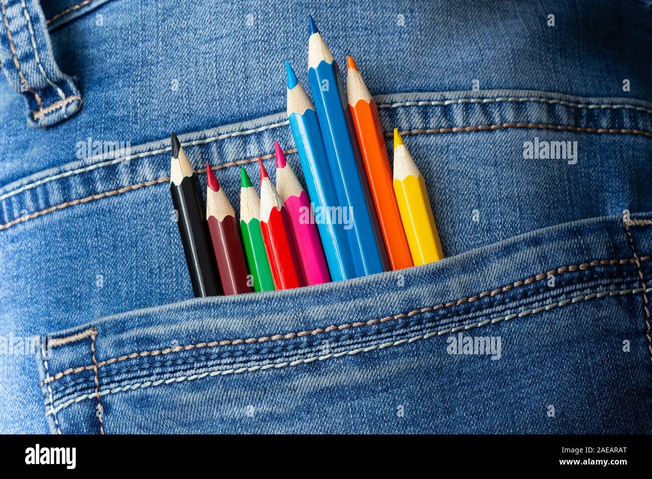 Colored sharpened pencils in jeans pocket, closeup. Stock Photo
