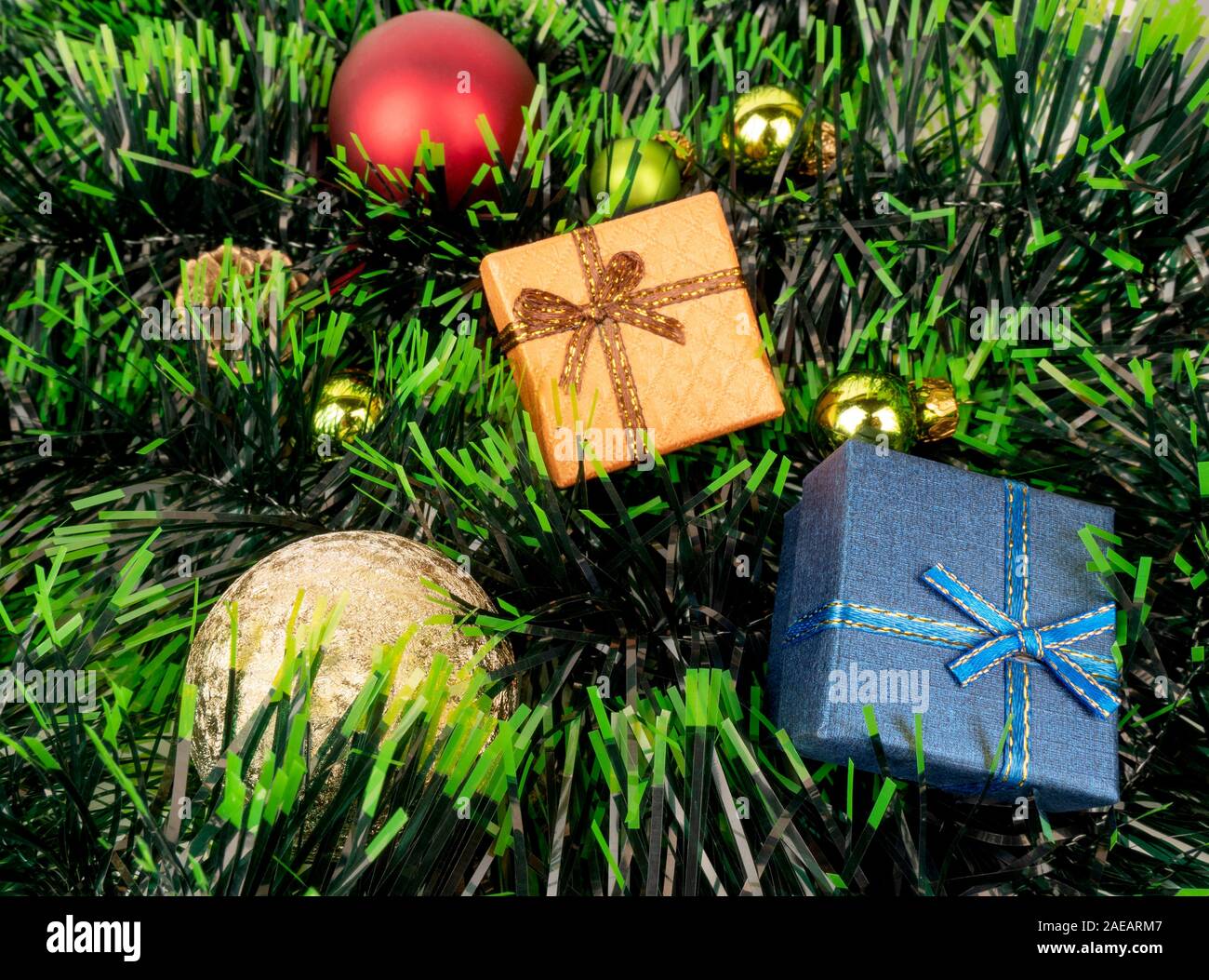 Christmas tree decoration and gifts background Stock Photo