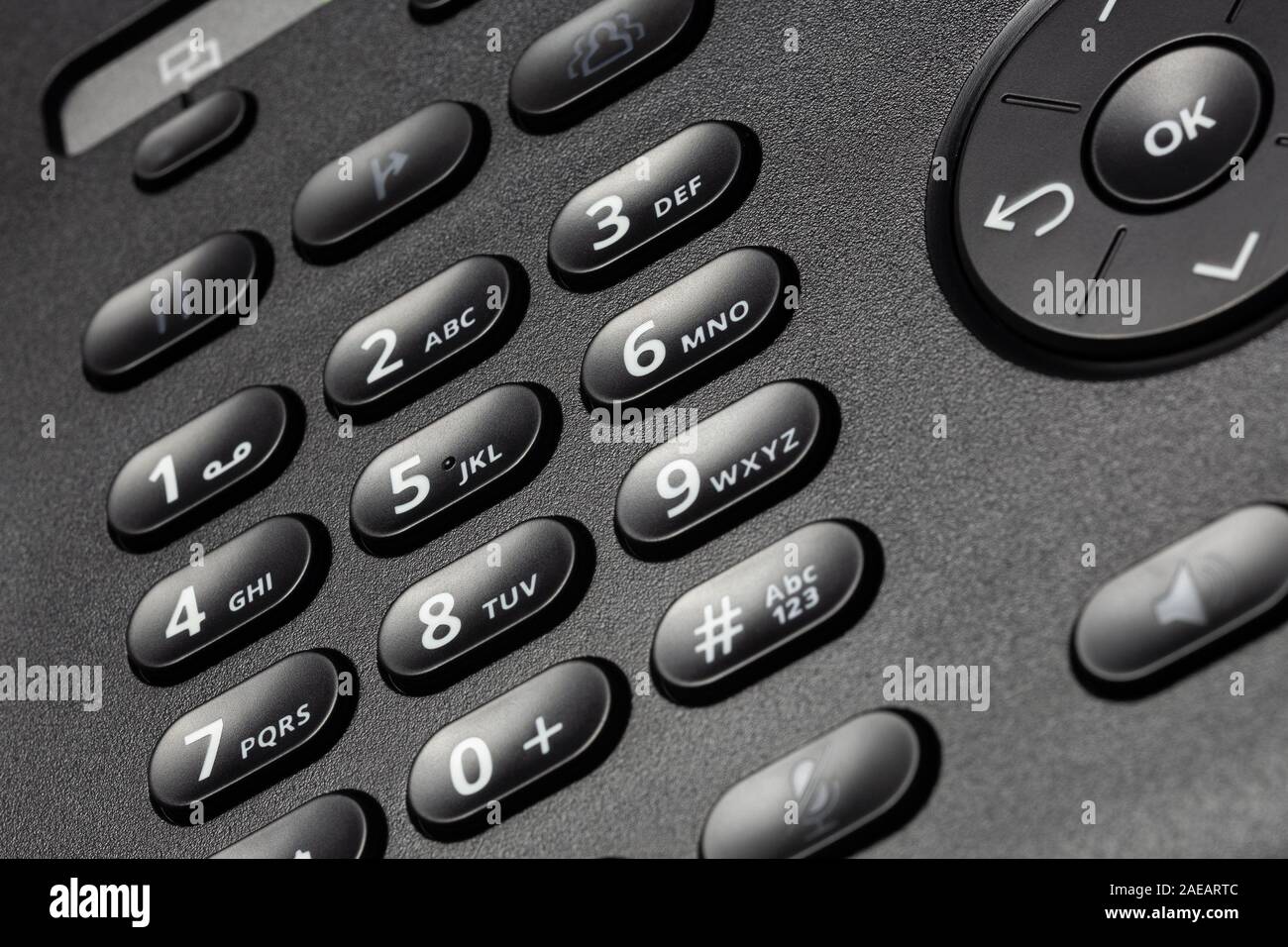 Keypad, with buttons and navipad on a landline telephone, closeup Stock Photo