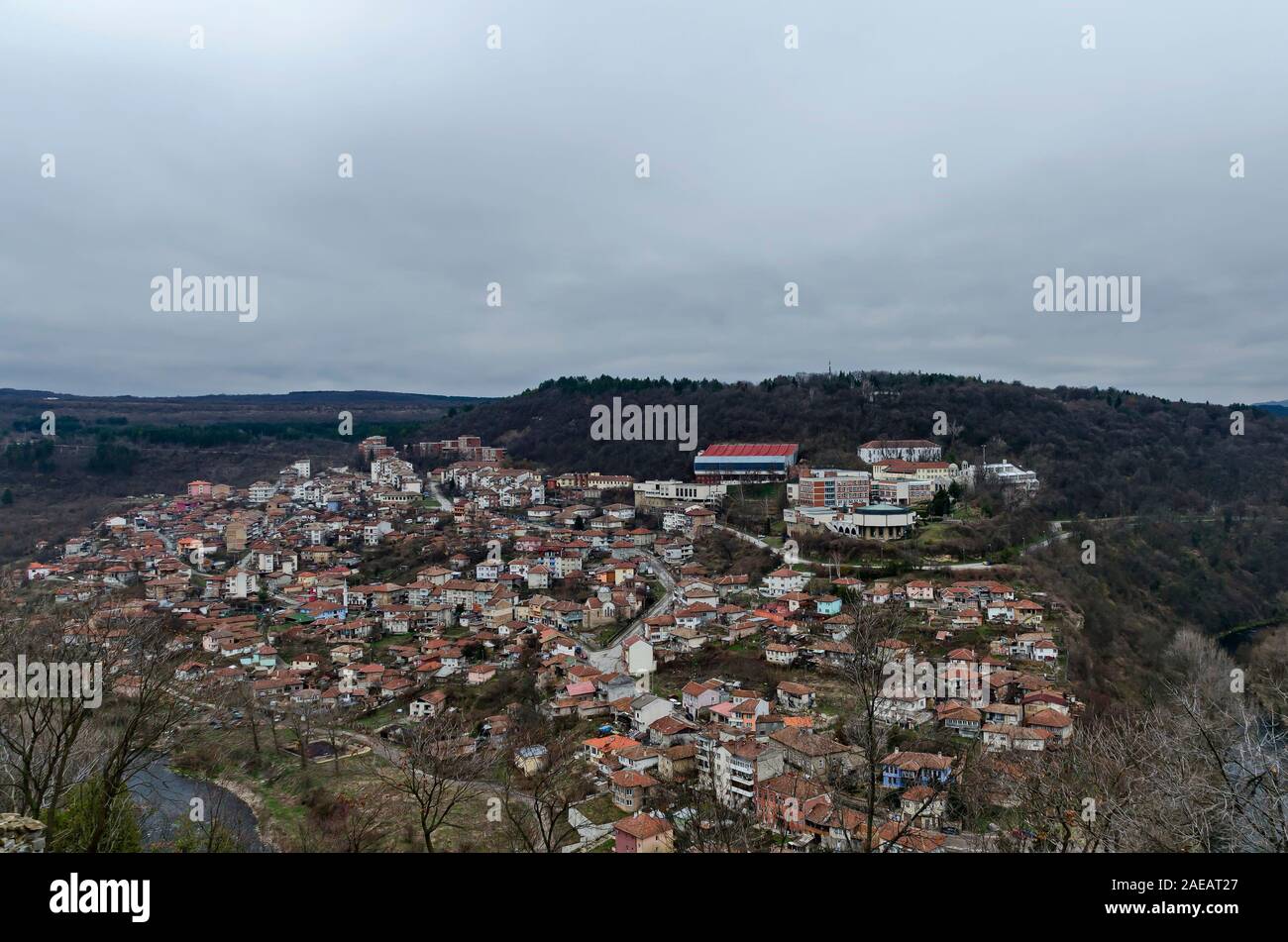 View of a residential neighborhood with old houses and Yantra river  in Veliko Tarnovo, the old capital of Bulgaria, Europe Stock Photo