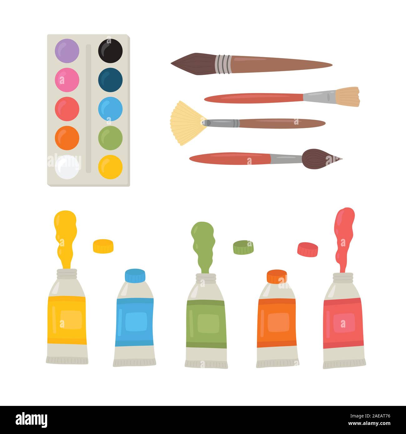 Painting tools elements cartoon colorful vector set. Art supplies paint tubes, brushes, watercolor, palette. Stock Vector