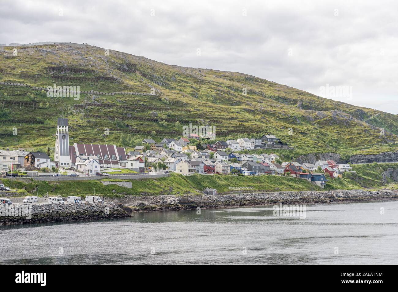 HAMMERFEST, NORWAY - July 05 2019: view of church and western part of northern village, shot under bright light on july 05, 2019 at Hammerfest, Norway Stock Photo