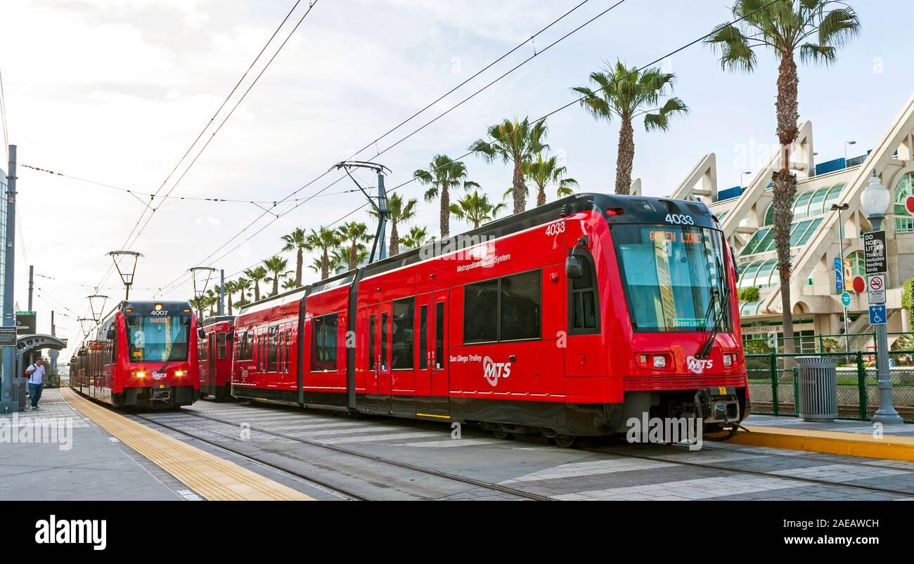 SAN DIEGO, CA, UNITED STATES - APRIL 23,2014: The San Diego Trolleys - light rail system operating in the metropolitan area of the city. Stock Photo