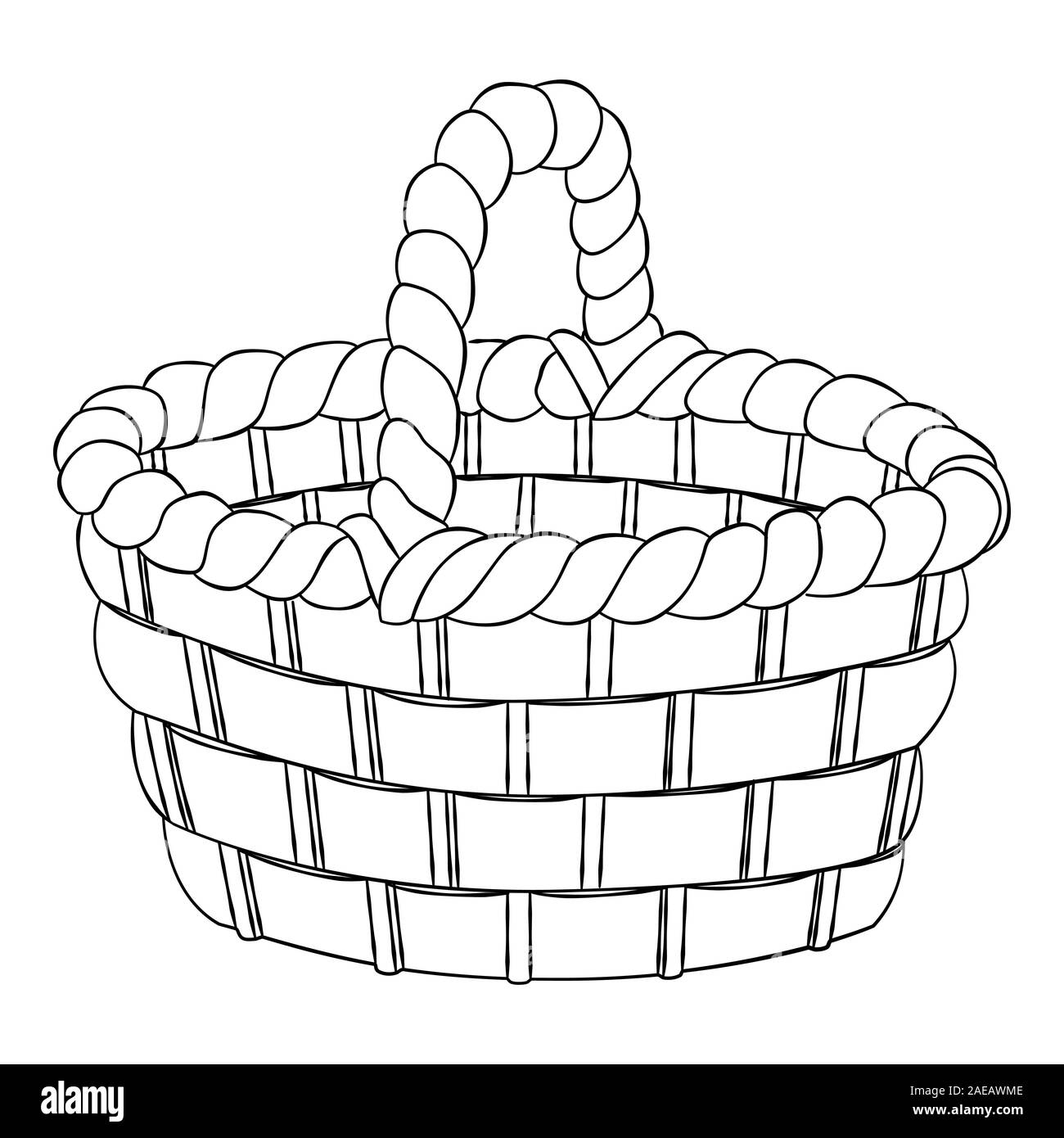 Aged willow bast bread pottle, basket isolated on white background, for colouring book - hand drawn Vector Illustration. Stock Vector