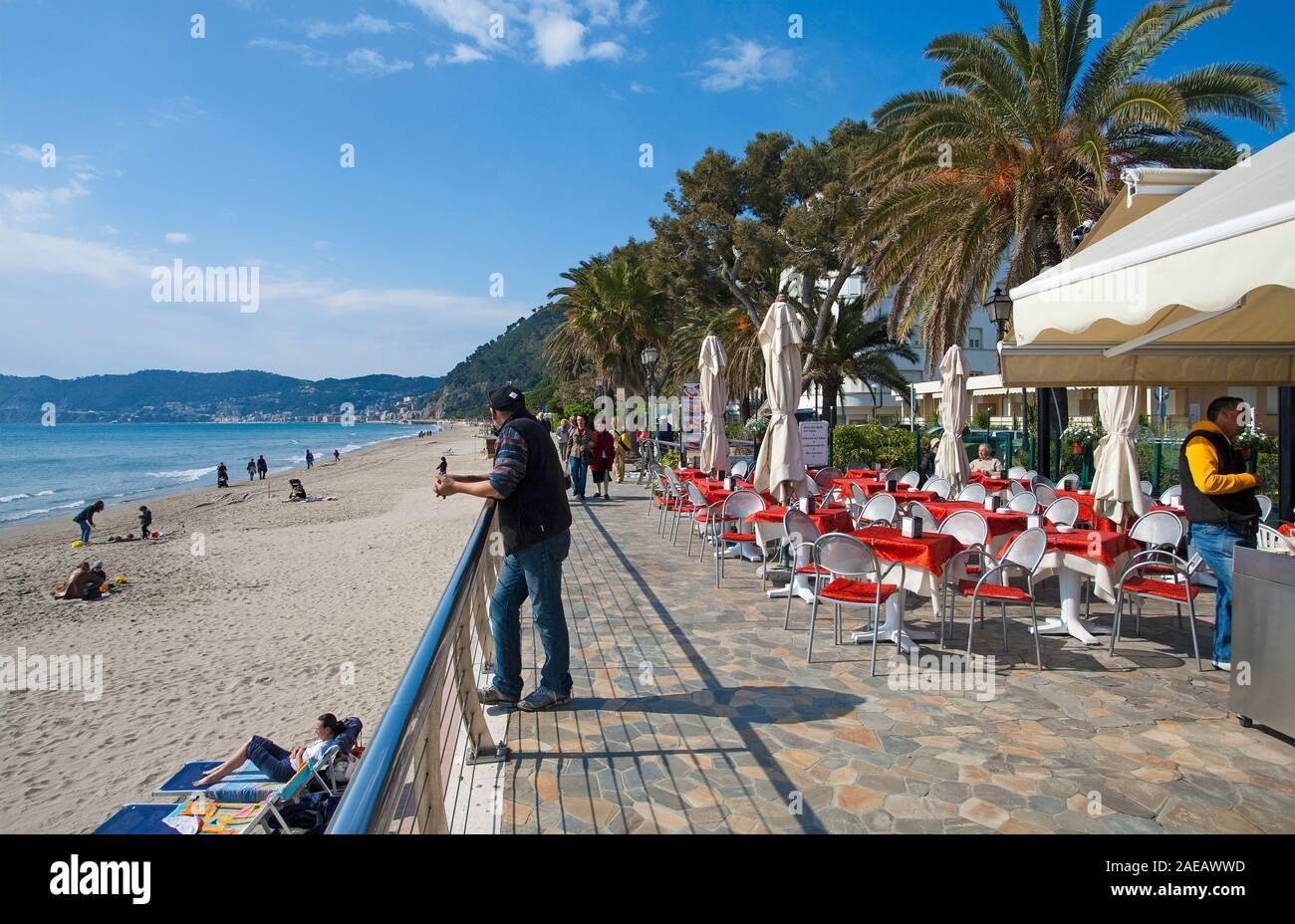 Beach cafe at the promenade of Alassio, Riviera di Ponente, Liguria, Italy Stock Photo