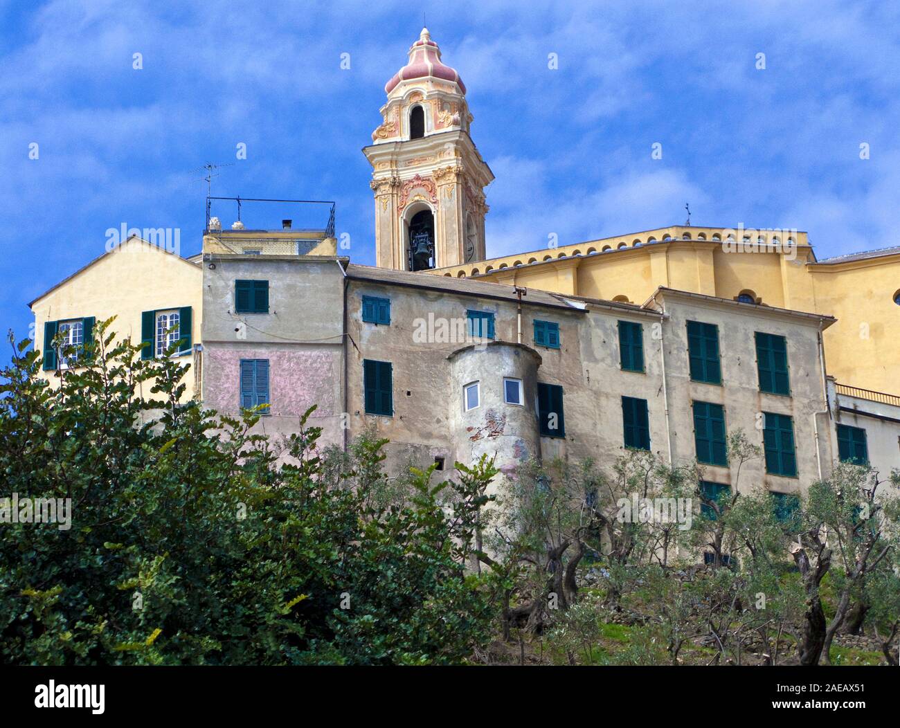 Bell tower of baroque church Chiesa San Giovanni Battista, Cervo, province Imperia, Riviera di Ponente, Liguria, Italy Stock Photo